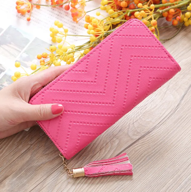 New women's wallet single pull fringed bag long zipper student bag clutch bag Pink - Shop at LoveMi