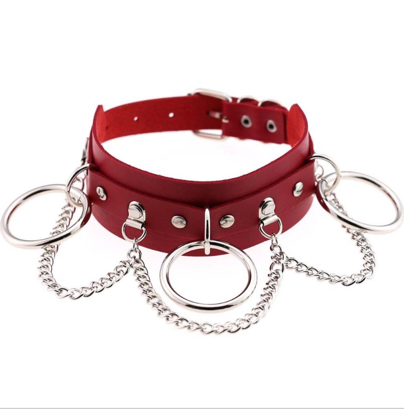 European and American style personality exaggerated PU leather collar necklace Punk street shooting nightclub O-ring chain clavicle chain neck collar