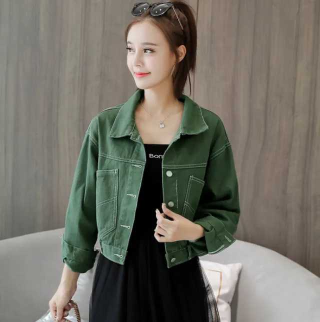 spring new women's Korean spring jacket students wild spring and autumn short red denim jacket female tide Green - Shop at LoveMi