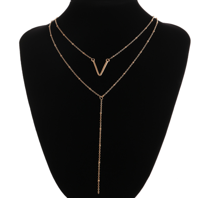 Vintage sequin alloy V-shaped pendant sweater chain Simple clavicle multilayer necklace