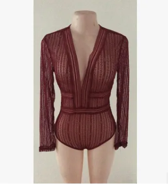 Cross border spring new sexy lace jumpsuit top Wine - Shop at LoveMi