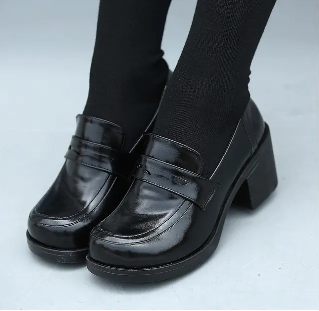 Spring and Autumn England retro women's shoes college wind Japanese uniform shoes thick with single shoes paint Pissen female round head small shoe... Black - Shop at LoveMi