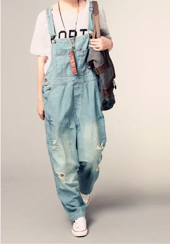 large size worn light color strap jeans women casual loose thin denim wide leg pants tide Light Blue - Shop at LoveMi