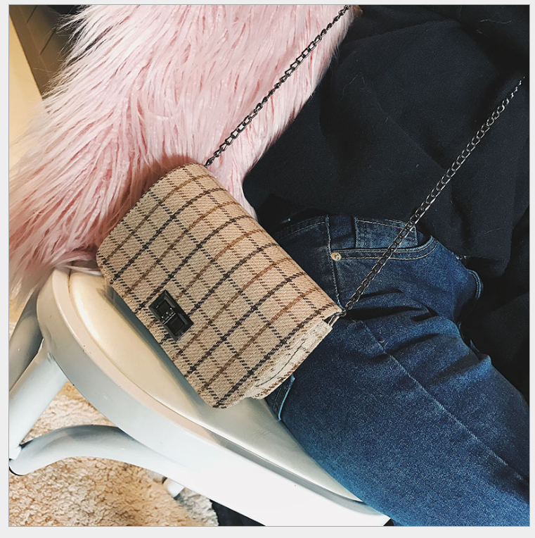 Small bag new women's bag tide section wild woolen lattice lock small square bag shoulder slung chain