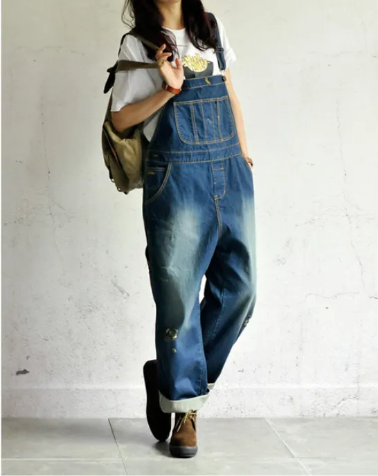 large size worn light color strap jeans women casual loose thin denim wide leg pants tide Dark Blue - Shop at LoveMi