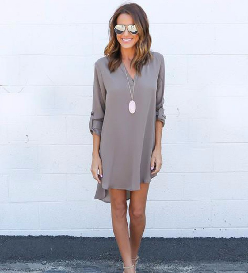 AliExpress EBAY Amazon Autumn new long-sleeved V-neck simple chiffon front short dress