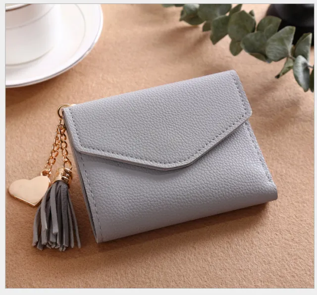 Women's short Korean version of the bag Tassel pendant lychee wallet multi card position Clutch bag Gray - Shop at LoveMi