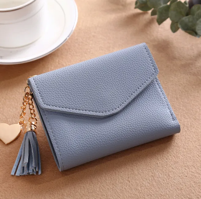 Women's short Korean version of the bag Tassel pendant lychee wallet multi-card position Clutch bag - Blue