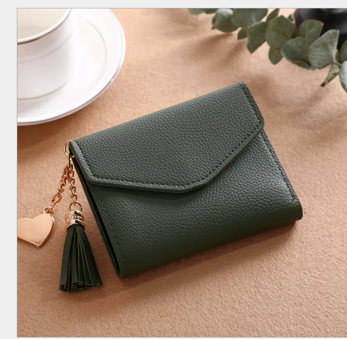 Women's short Korean version of the bag Tassel pendant lychee wallet multi-card position Clutch bag - Green