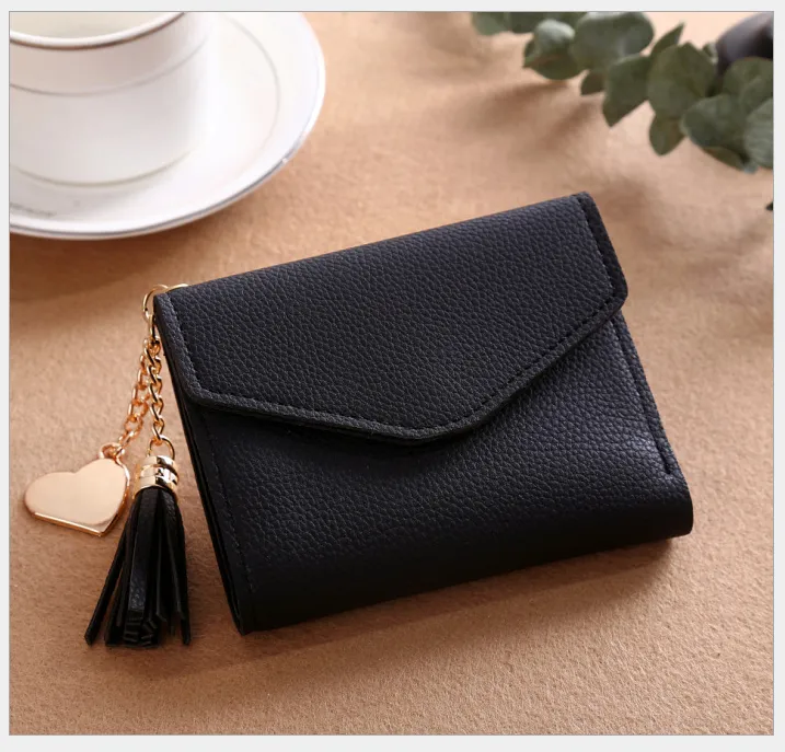Women's short Korean version of the bag Tassel pendant lychee wallet multi-card position Clutch bag - Black