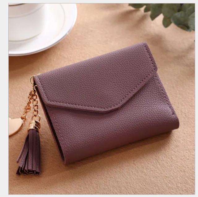 Women's short Korean version of the bag Tassel pendant lychee wallet multi card position Clutch bag Bean Paste 12X9Cm - Shop at LoveMi