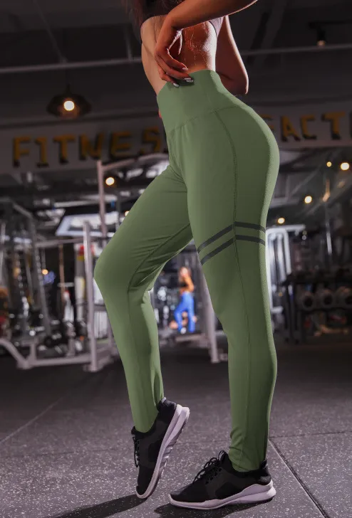 High waist solid color cross border striped stretch yoga pants fitness bottoming nine points trousers Green - Shop at LoveMi