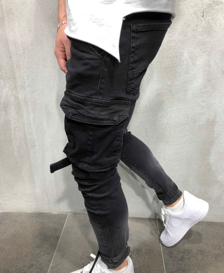 New men's slim denim big pocket men's feet pants