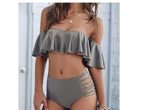New High Waist One Shoulder Split Bikini Swimsuit Ladies Braided Swimsuit - Khaki