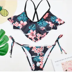 Swimsuit bohemian leaf print split bikini - Black - View 1