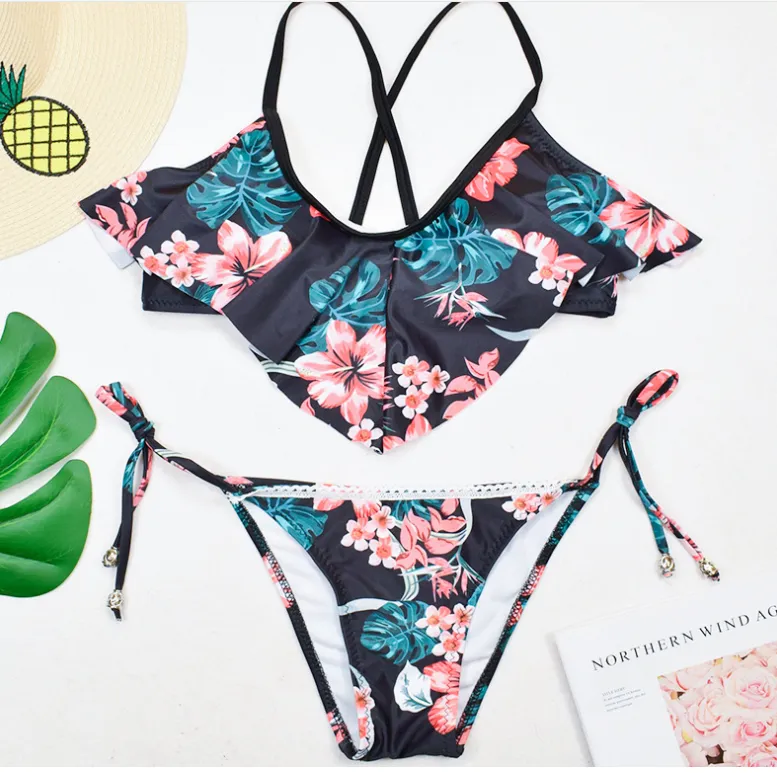 Swimsuit bohemian leaf print split bikini - Black