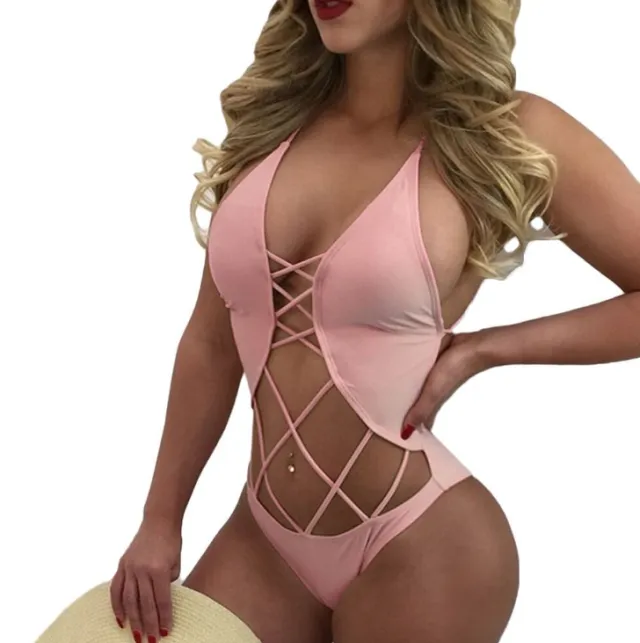 European and American explosions solid color mesh sexy backless one piece bikini Pink - Shop at LoveMi