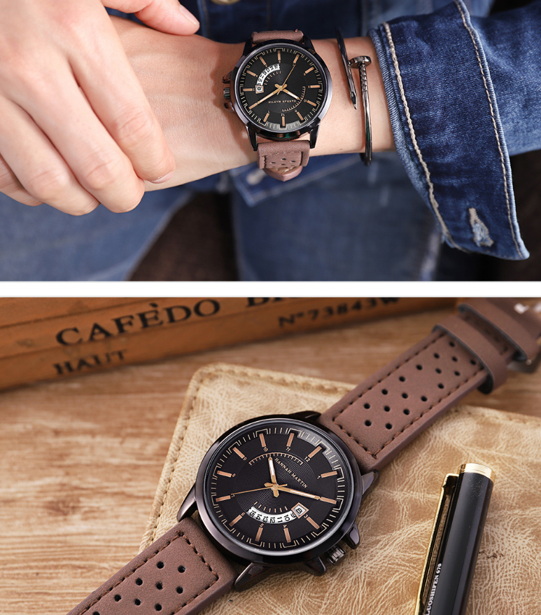 سوار ساعة رجالي رياضي بكاليفر مبتكر مع حزام صيفي مثقوب تنفسي وساعة كوارتز