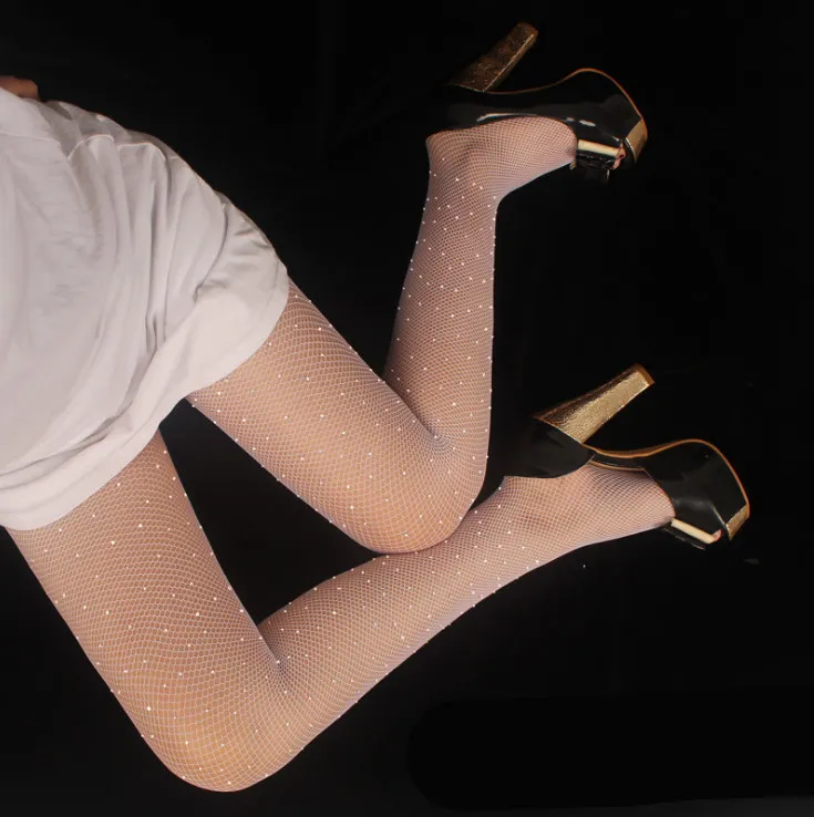 Water diamond small mesh openwork socks shiny hot drilling romper bottoming socks - White