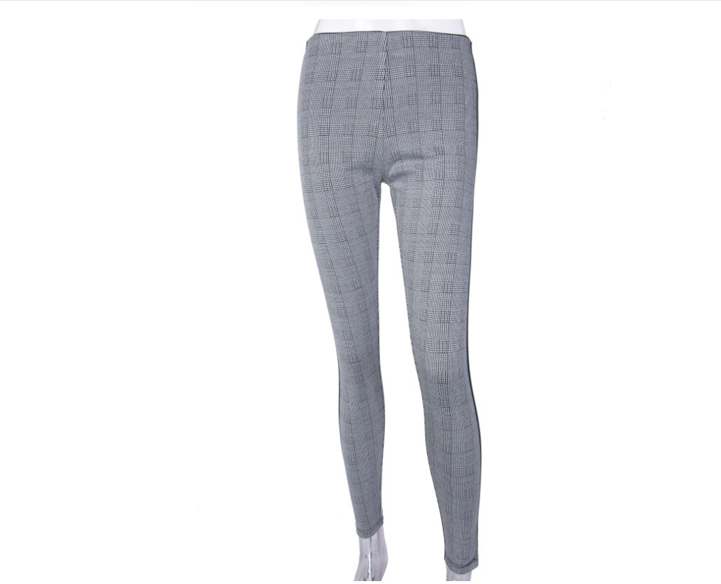 European and American street sports and leisure pants women Houndstooth Ribbon high waist tight stretch pants Gray - Shop at LoveMi