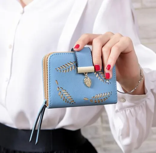 New Korean Women's Wallet Short Hollow Clutch Bag Leaf Zipper Buckle Bills Card Pack Blue - Shop at LoveMi