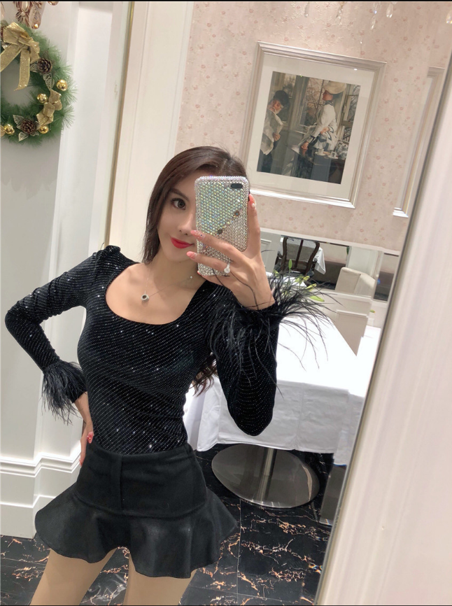 new style famous U-neck ostrich hair cuff decorative body-trimming needle cotton bottom jacket jacket