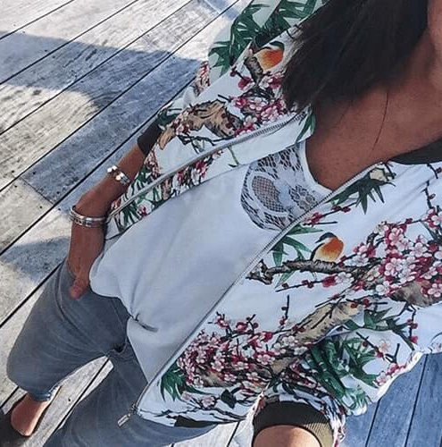 Printed round neck zipper long sleeve jacket