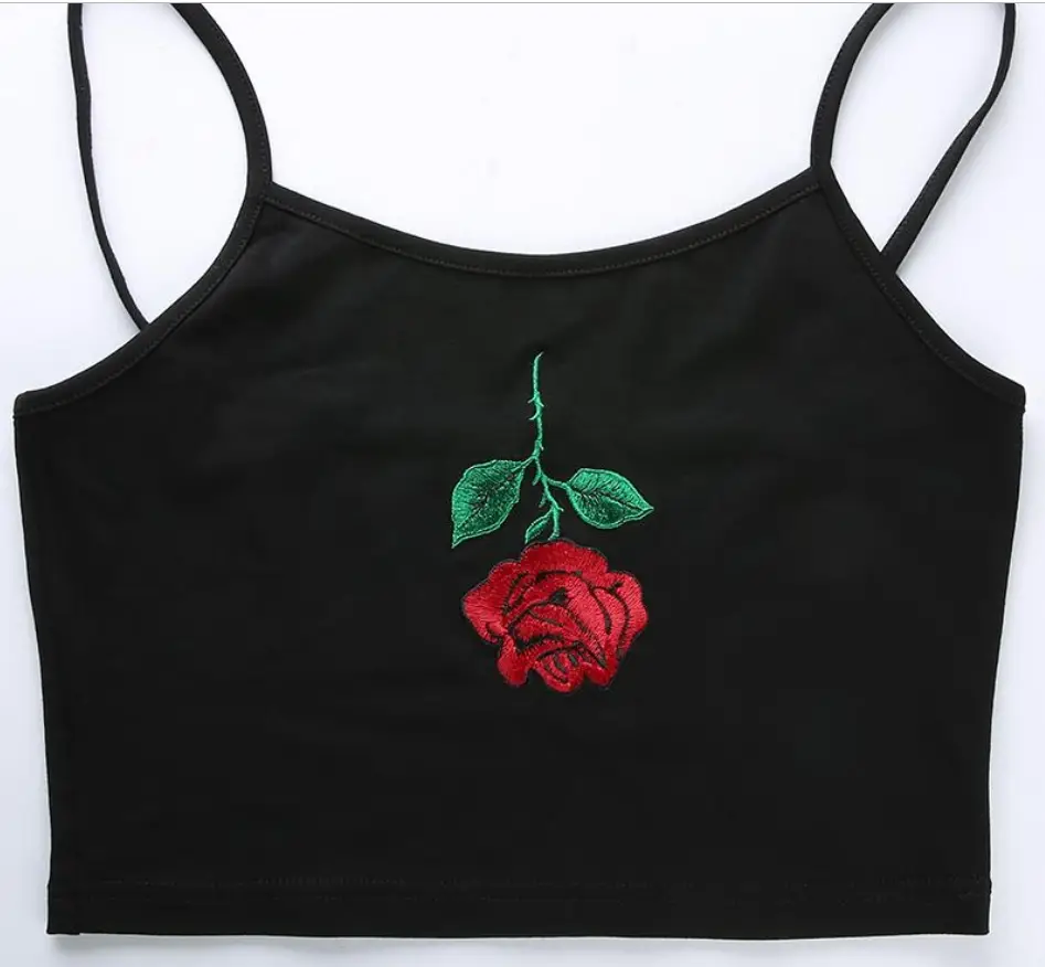 Rose embroidered short cropped navel slim vest