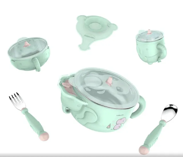 Children's stainless steel cutlery set baby sucker anti fall bowl complementary food bowl spoon baby water injection insulation bowl Green - Shop at LoveMi