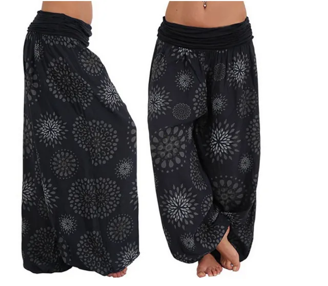 foreign trade casual pants digital printing band width loose leg pants female European and American trousers Black - Shop at LoveMi