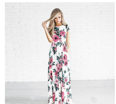 Spring and summer long-sleeved elastic waist flower print dress long skirt