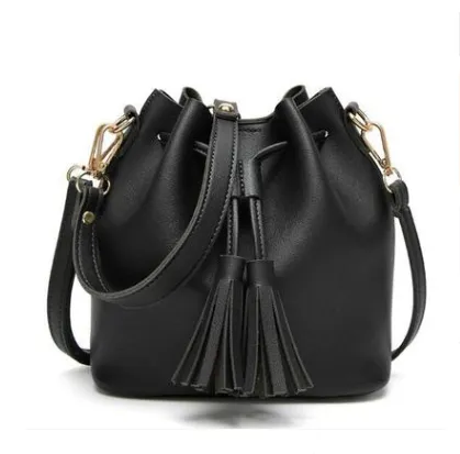 Vintage Fashion Small Women Leather Bucket Bag Handbag Tassel Drawstring Shoulder Bag Black - Shop at LoveMi