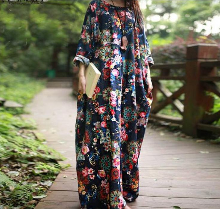 Cotton and linen printed loose casual dress