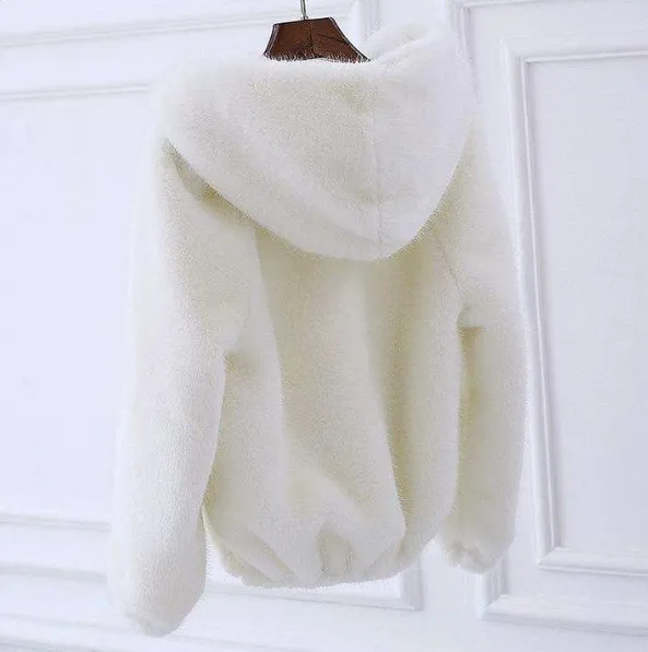 Autumn and winter new Korean version of the rabbit fur grass short female imitation mink loose plush hooded thick coat White - Shop at LoveMi