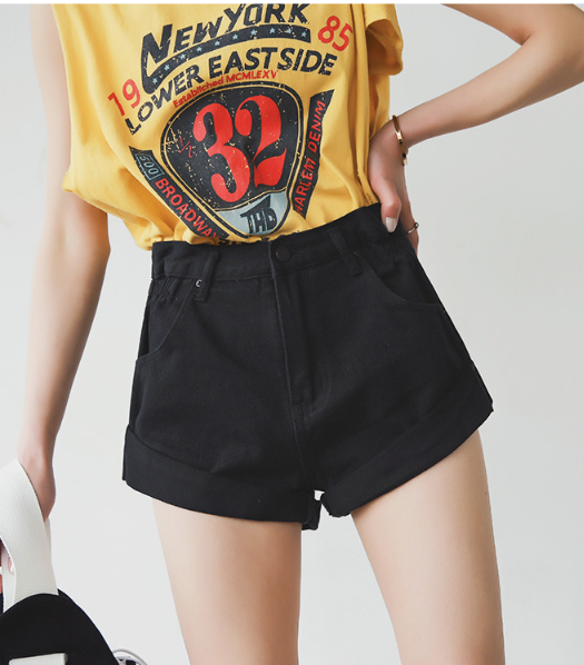 High waist denim shorts female elastic waist waist cuff wide leg pants shorts loose new retro Korean version Black - Shop at LoveMi