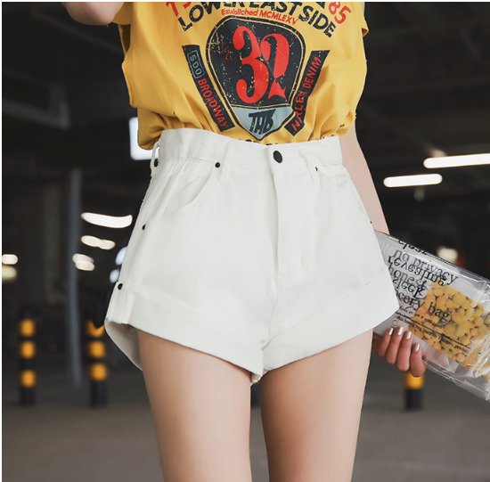 High waist denim shorts female elastic waist waist cuff wide leg pants shorts loose new retro Korean version White - Shop at LoveMi