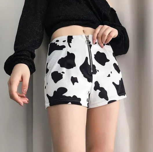 Summer women's new fashion cow print slim zipper shorts women's casual pants Black And White - Shop at LoveMi