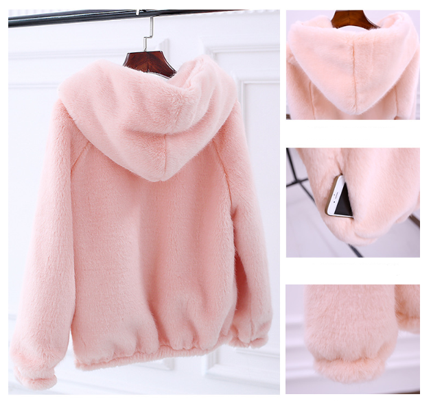 Autumn and winter new Korean version of the rabbit fur grass short female imitation mink loose plush hooded thick coat Pink - Shop at LoveMi