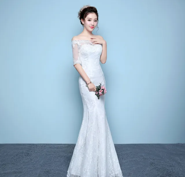 wedding dress bride wedding dress fishtail wedding dress waist fishtail wedding Qi word shoulder White - Shop at LoveMi
