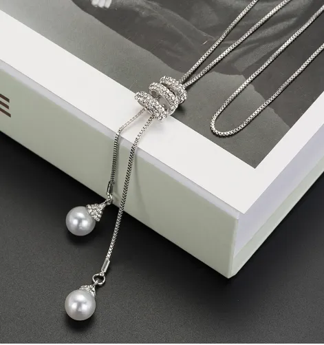 Korea long simple pearl pendant long necklace pendant wild diamond tassel sweater chain female 9302 - Silver