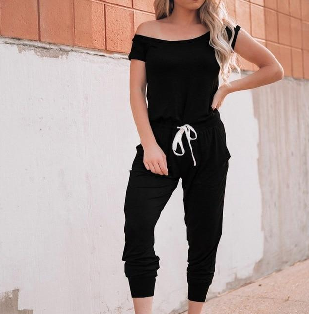 Spring and summer women's off the shoulder short sleeved pocket with slanted shoulder jumpsuit Black - Shop at LoveMi