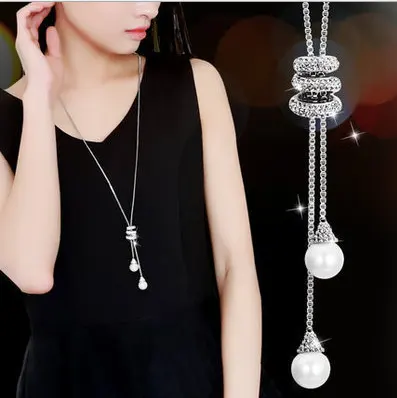 Korea Long Simple Pearl Pendant Necklace Wild Diamond Tassel