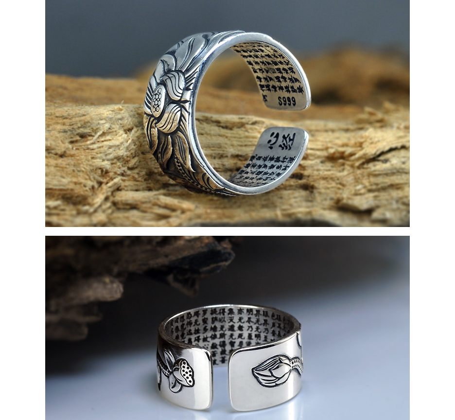 S999 pure silver lotus heart through the silver ring retro men's tide opening lotus jewelry wide version of the ring