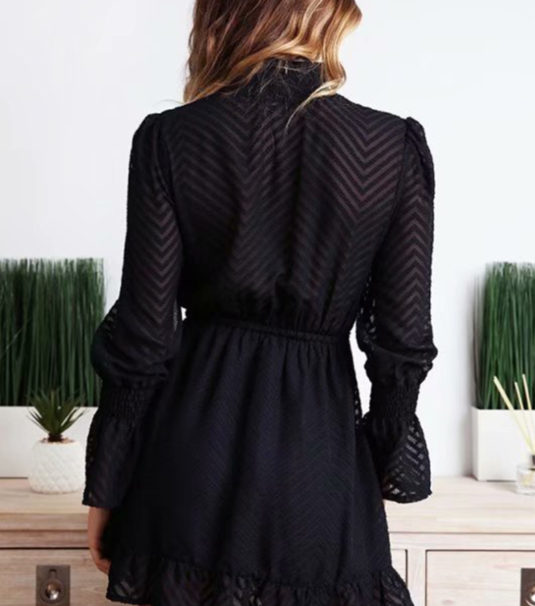 High collar black lace dress female autumn and winter sexy transparent stripes long sleeve elegant party skirt