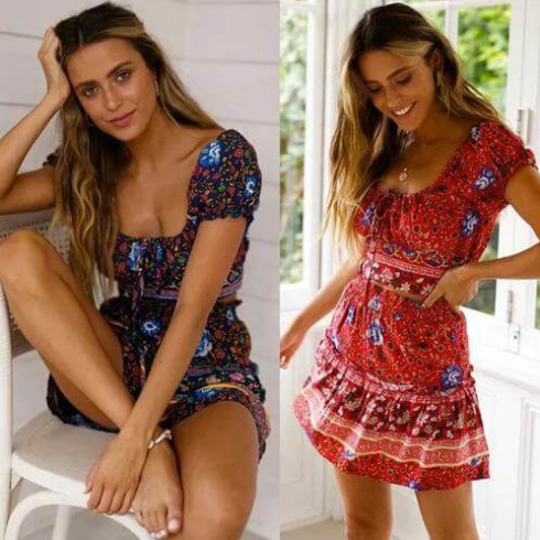 Sexy square collar strap print waist skirt suit