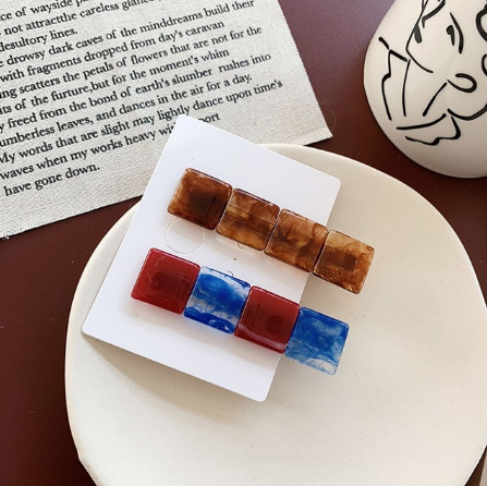 Colorblock resin square geometry hairpin combination Korea retro forest system bangs clip hair accessories 2 Red And Blue System - Shop at LoveMi