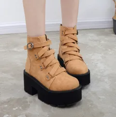 Muffin platform Martin boots women's new autumn comfortable cross straps ankle boots - Brown - View 1