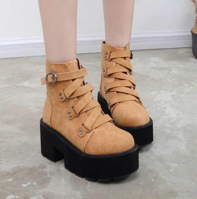 Muffin platform Martin boots women's new autumn comfortable cross straps ankle boots Brown - Shop at LoveMi