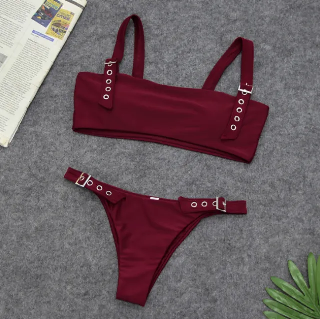 Bikini split solid color buckle swimsuit Red - Shop at LoveMi