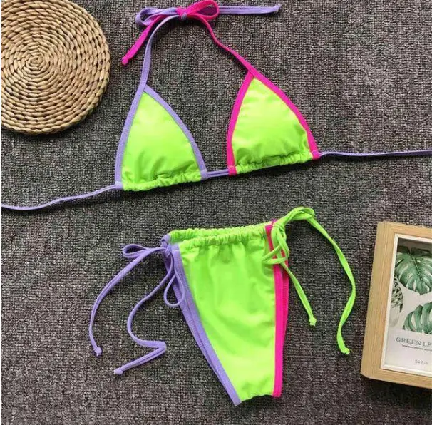 Stitching Halter Bikini Set with Tie Side Bottoms